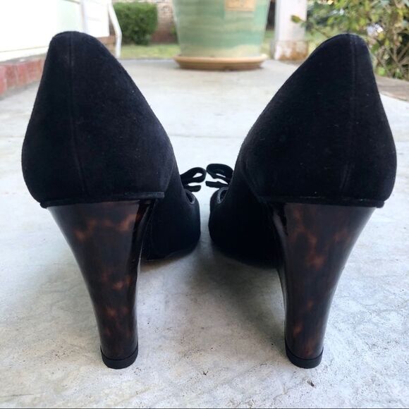 Stuart Weitzman Black suede Peeptoe wedges heels tortoise shell 9 Narrow - Picture 3 of 6